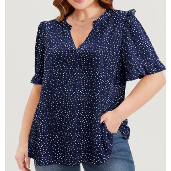 BLOOMCHIC Top Womens plus 1X 14 16 blue white polka dot short sleeve ruffle - Picture 3 of 14